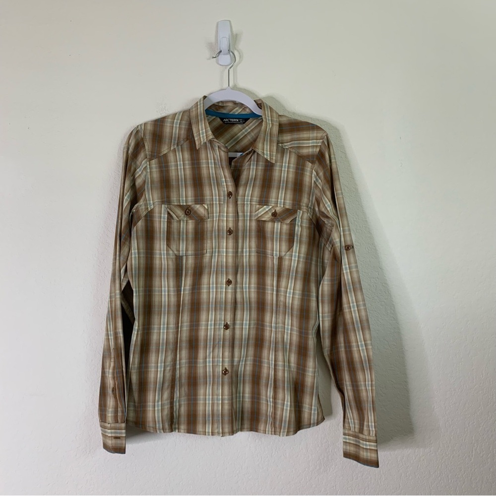 Arcteryx Womens brown blue plaid long sleeve/ roll sleeve button up shirt L